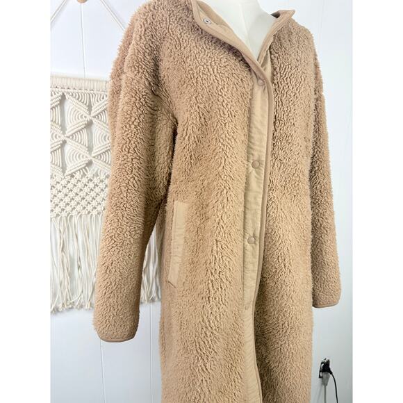 Uniqlo Tan Teddy Coat Womens Small Longline Fleece Sherpa Jacket No Collar - Picture 4 of 13